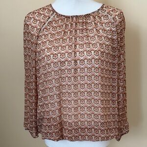 DR2 Boho Peach and Brown Floral-Print Long Sleeve Blouse S